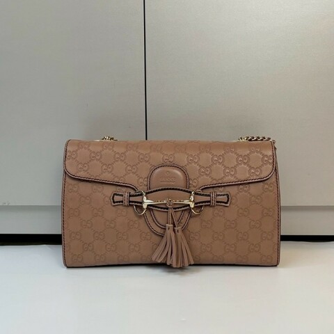 Gucci 淡金鍊膚色皮革壓紋口蓋肩背包