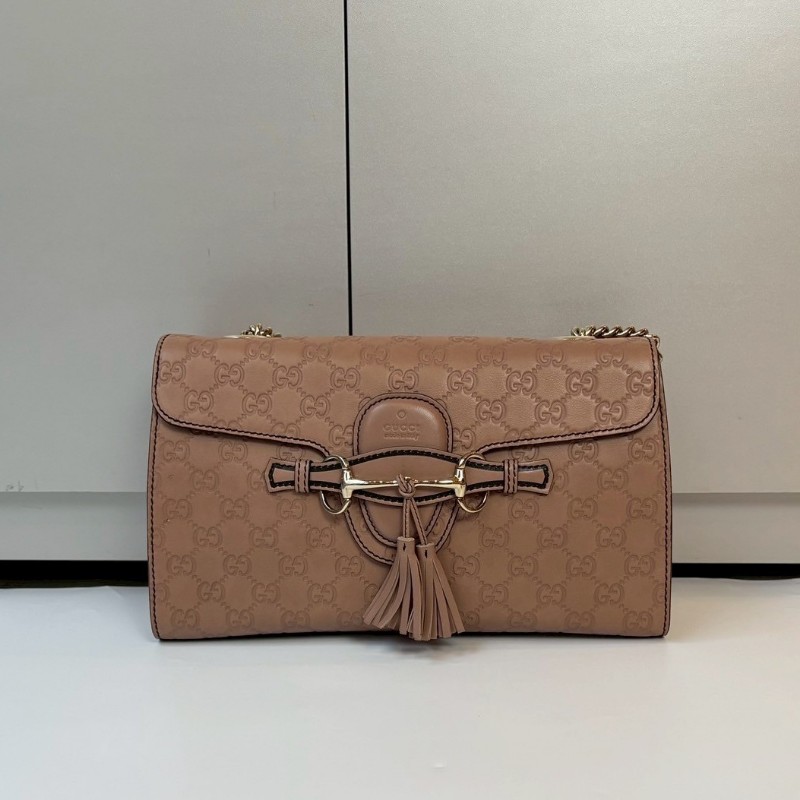 Gucci 淡金鍊膚色皮革壓紋口蓋肩背包-0