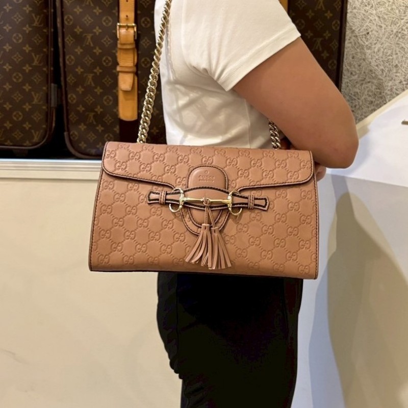 Gucci 淡金鍊膚色皮革壓紋口蓋肩背包-2