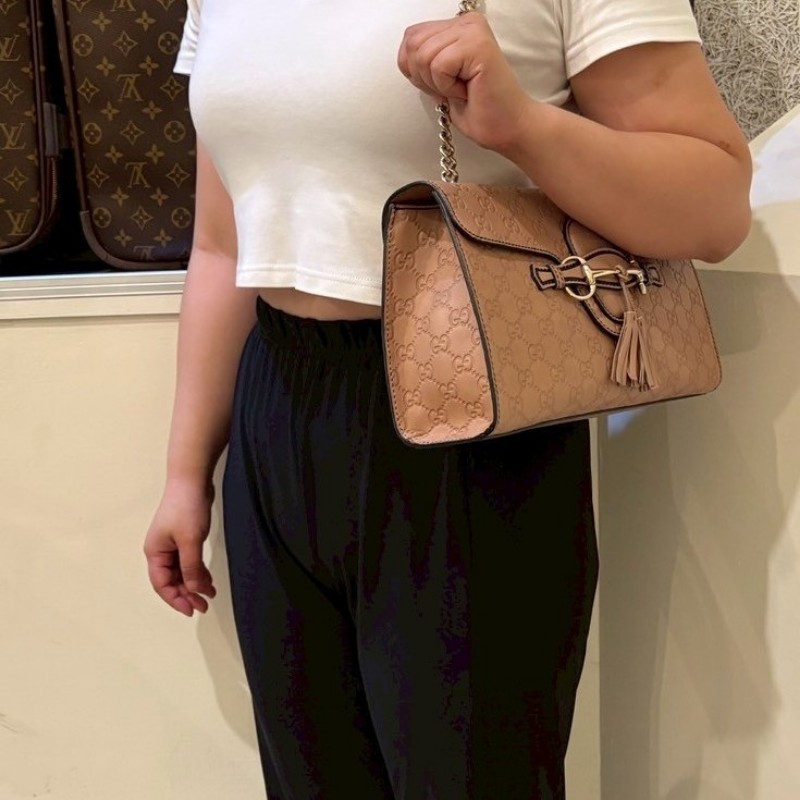 Gucci 淡金鍊膚色皮革壓紋口蓋肩背包-3