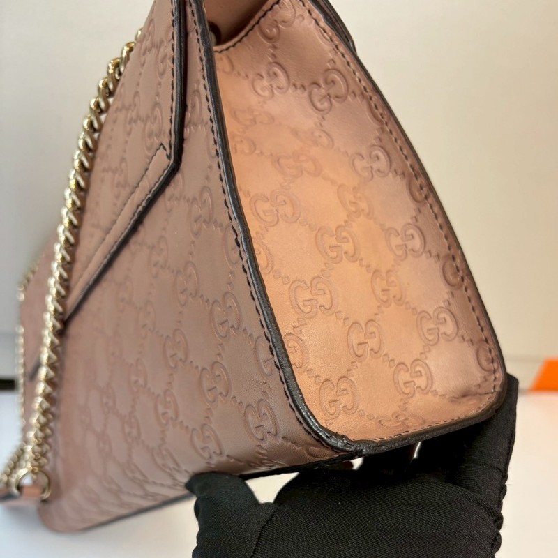Gucci 淡金鍊膚色皮革壓紋口蓋肩背包-11