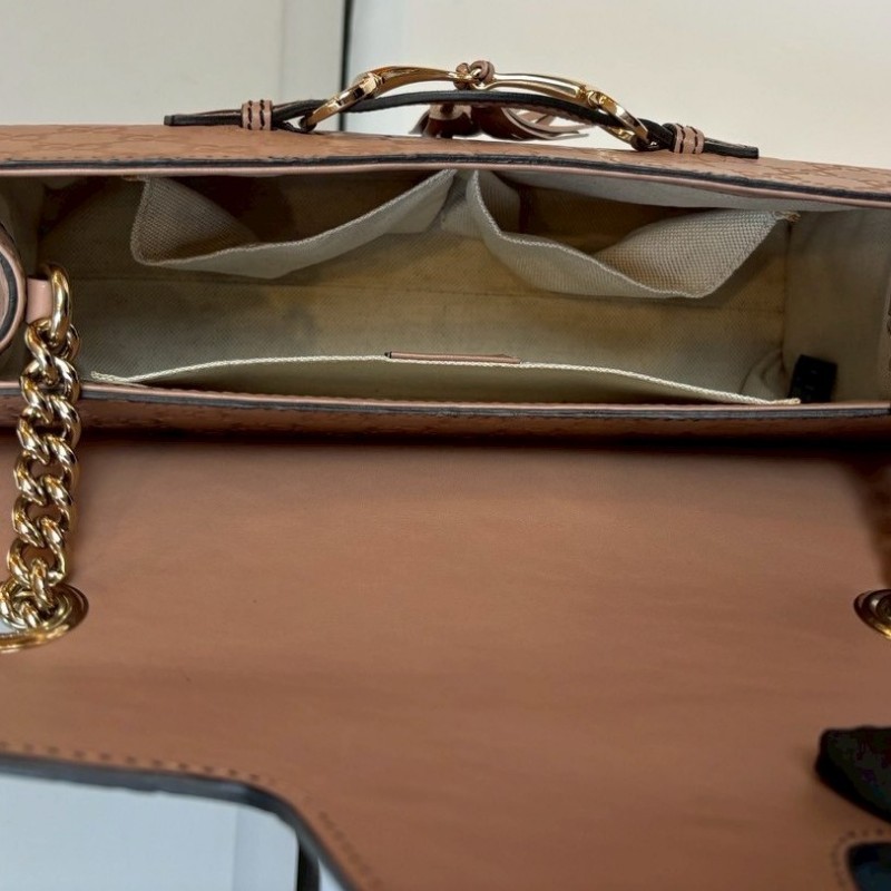 Gucci 淡金鍊膚色皮革壓紋口蓋肩背包-20