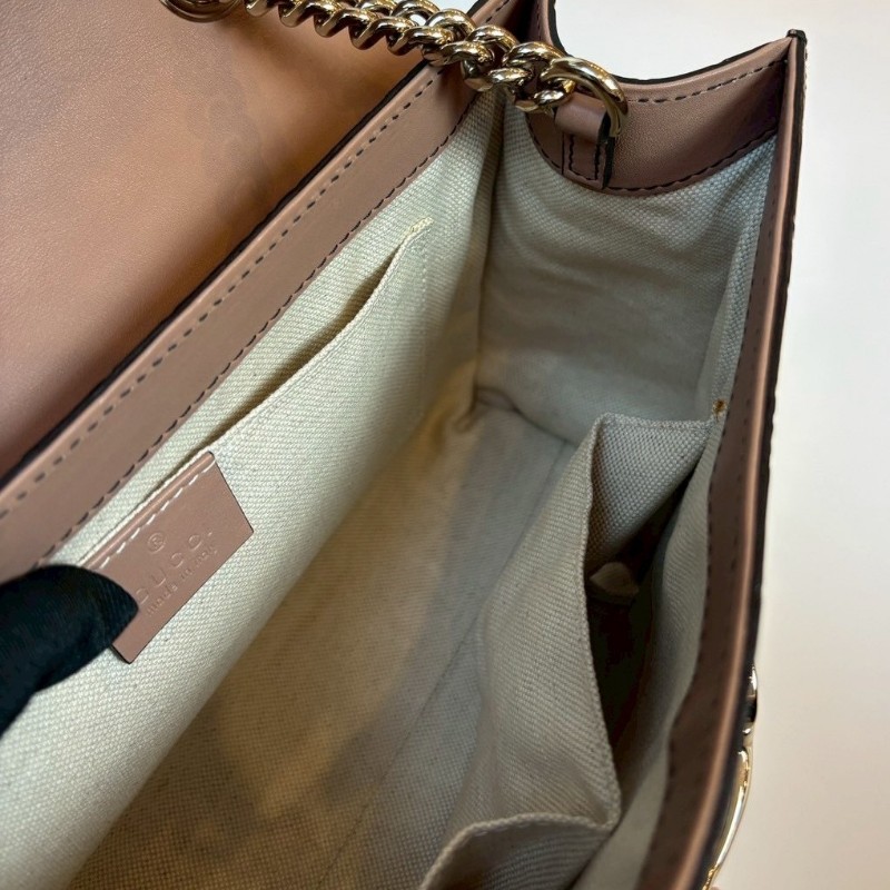 Gucci 淡金鍊膚色皮革壓紋口蓋肩背包-21