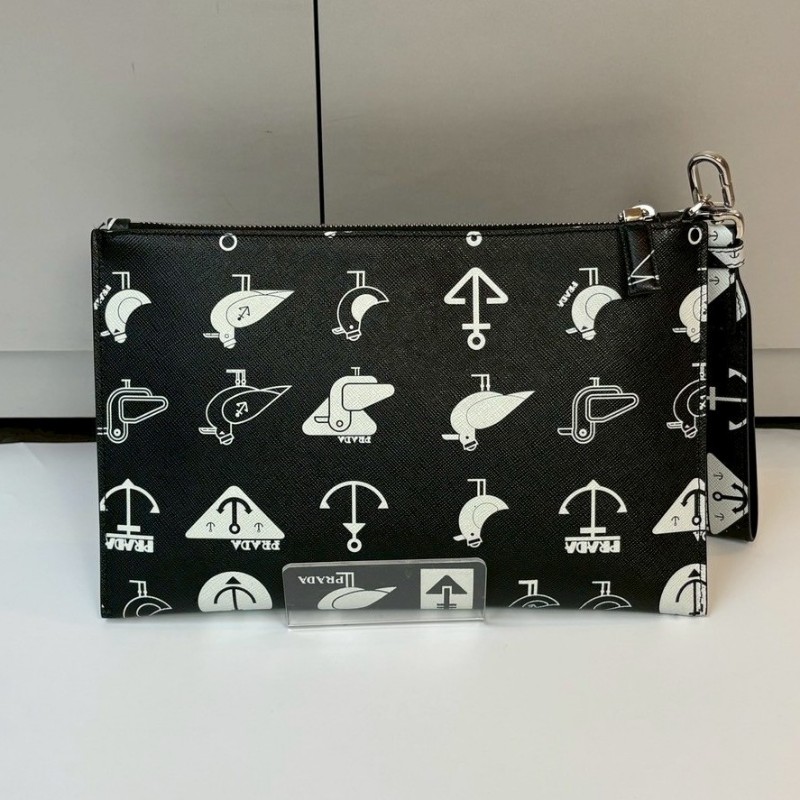 Prada 黑皮白鳥圖手拿包-1