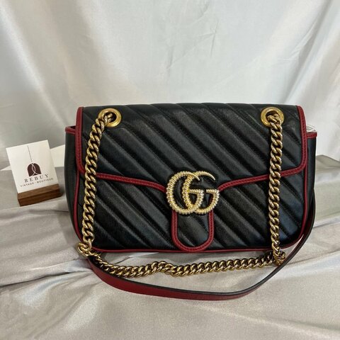 GUCCI 443497 紅邊黑Marmont掀蓋包 26CM