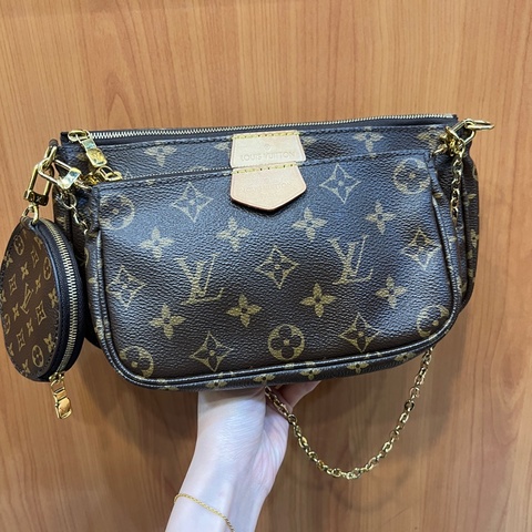 LV 原花金釦五合一粉背帶斜背麻將包M44840