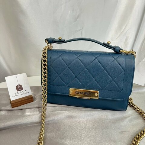 CHANEL 23開 土耳其藍Flap handle淡金手提單肩斜挎包