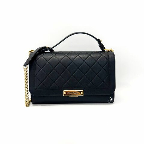 Chanel 黑色牛皮金牌下蓋手提側背包A93703