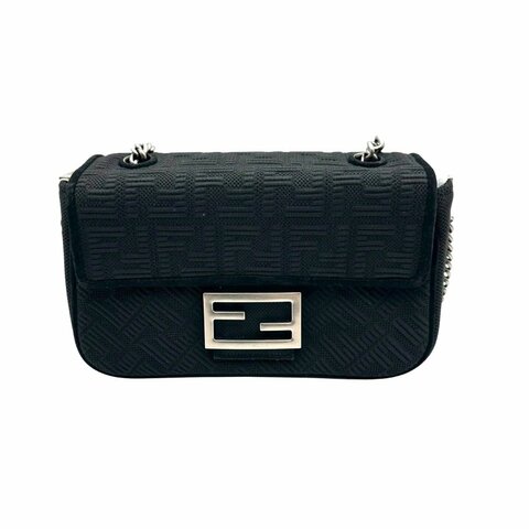【美收精品】FENDI 帆布Chain Shoulder銀扣鏈帶肩背袋黑色 B-410【隔月月中將轉賣至日本 上架期限30天】