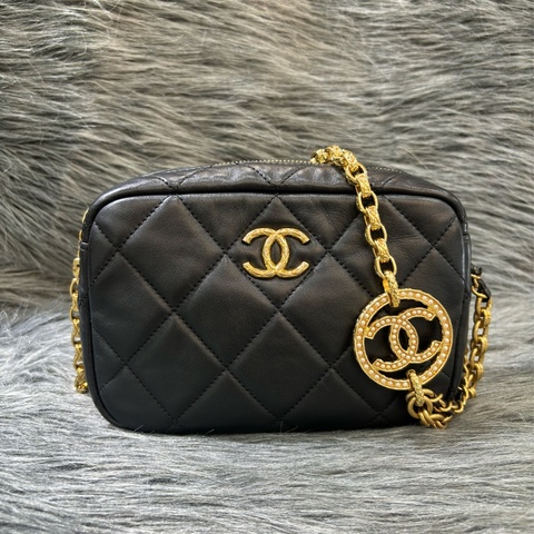 CHANEL AS3383 黑色 金色 LOGO 金鍊 珍珠 相機包 肩背包 側背包 斜背包 兩用包