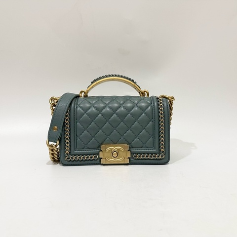 Chanel湖水綠牛皮金釦提把boy20cm/A94805