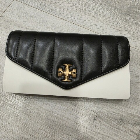 Tory Burch 雙T標誌 直縫小羊皮 十字金屬扣 黑色 信封長夾 全新 吊牌未拆