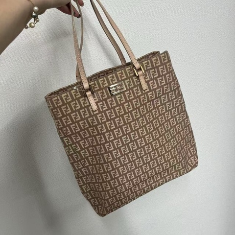 「JL精品代購」 9新 Fendi橘粉色帆布手提豎版托特包