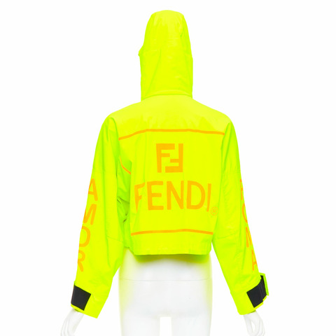 FENDI neon yellow orange roma logo multi pocket cropped anorak IT36 XXS