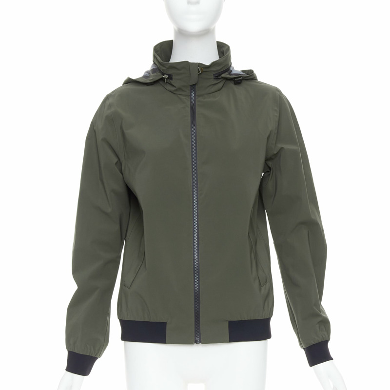 HERMES Ponant khaki polyamide blend black trim zip up hooded windbreaker S-0