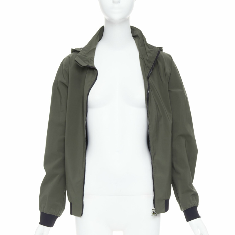 HERMES Ponant khaki polyamide blend black trim zip up hooded windbreaker S-2