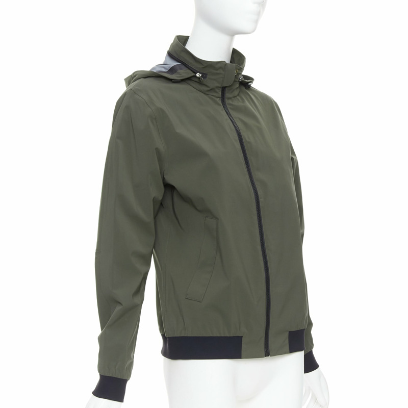 HERMES Ponant khaki polyamide blend black trim zip up hooded windbreaker S-3