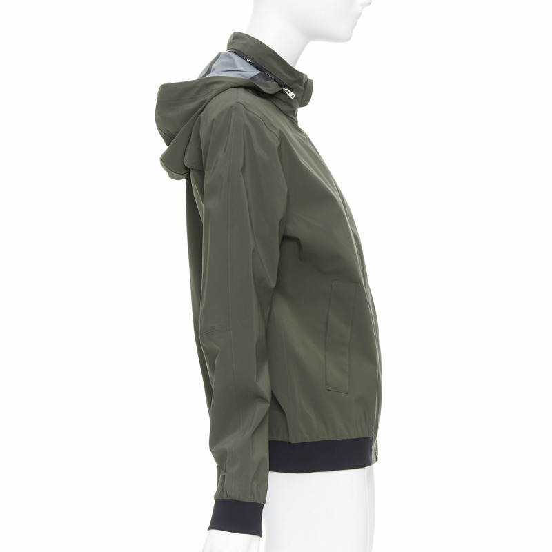 HERMES Ponant khaki polyamide blend black trim zip up hooded windbreaker S-4