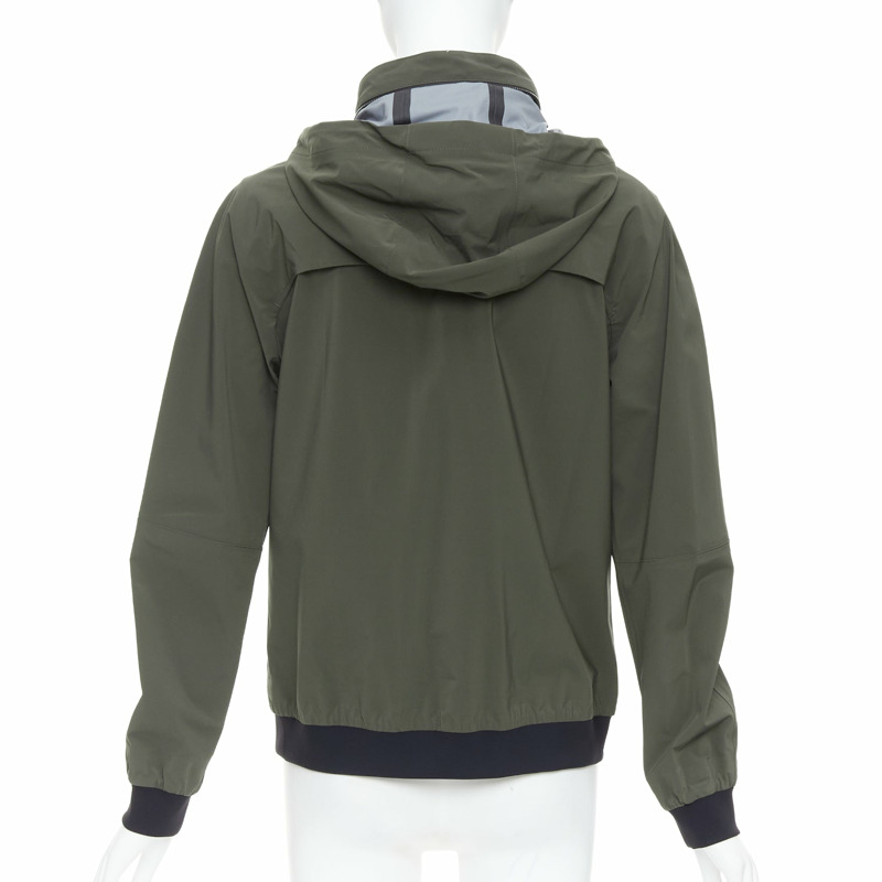 HERMES Ponant khaki polyamide blend black trim zip up hooded windbreaker S-5