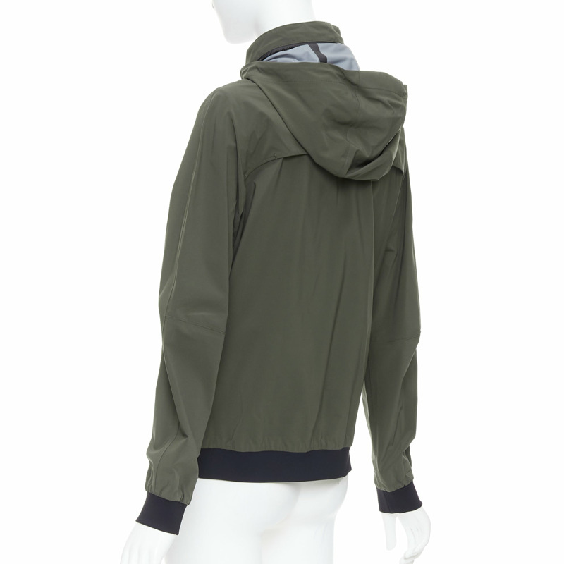 HERMES Ponant khaki polyamide blend black trim zip up hooded windbreaker S-6