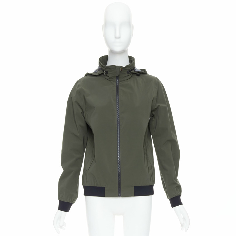 HERMES Ponant khaki polyamide blend black trim zip up hooded windbreaker S-10