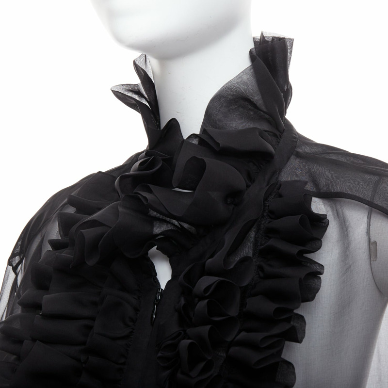 rare CHANEL black sheer silk Victorian ruffle collar zip up bomber jacket-1