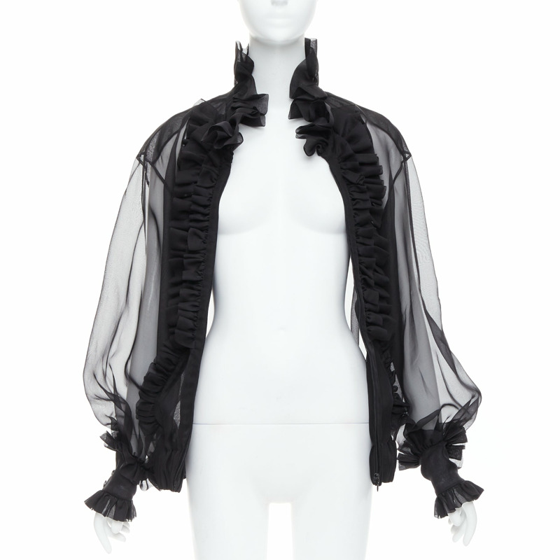 rare CHANEL black sheer silk Victorian ruffle collar zip up bomber jacket-2