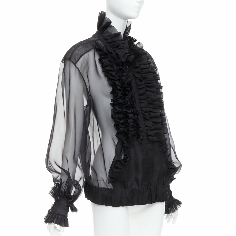 rare CHANEL black sheer silk Victorian ruffle collar zip up bomber jacket-3