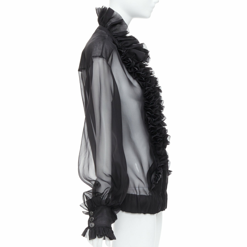 rare CHANEL black sheer silk Victorian ruffle collar zip up bomber jacket-4