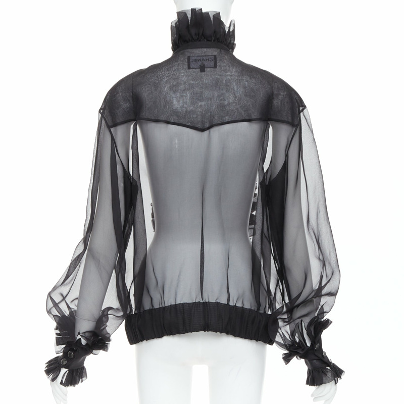 rare CHANEL black sheer silk Victorian ruffle collar zip up bomber jacket-5