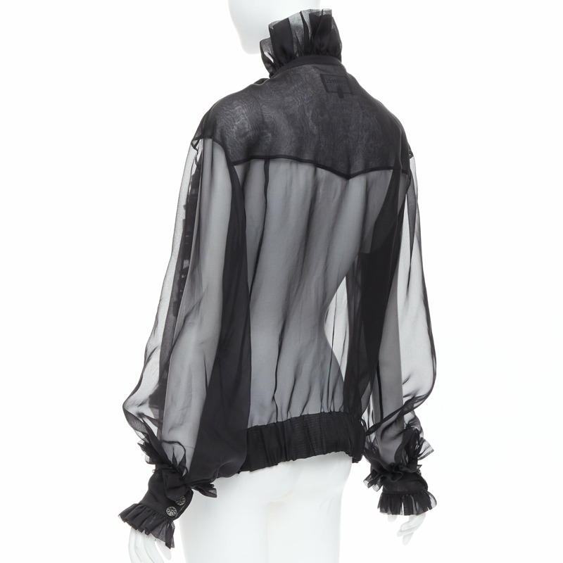 rare CHANEL black sheer silk Victorian ruffle collar zip up bomber jacket-6