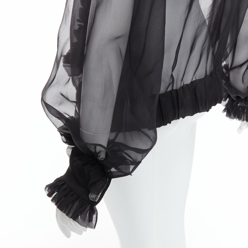 rare CHANEL black sheer silk Victorian ruffle collar zip up bomber jacket-8