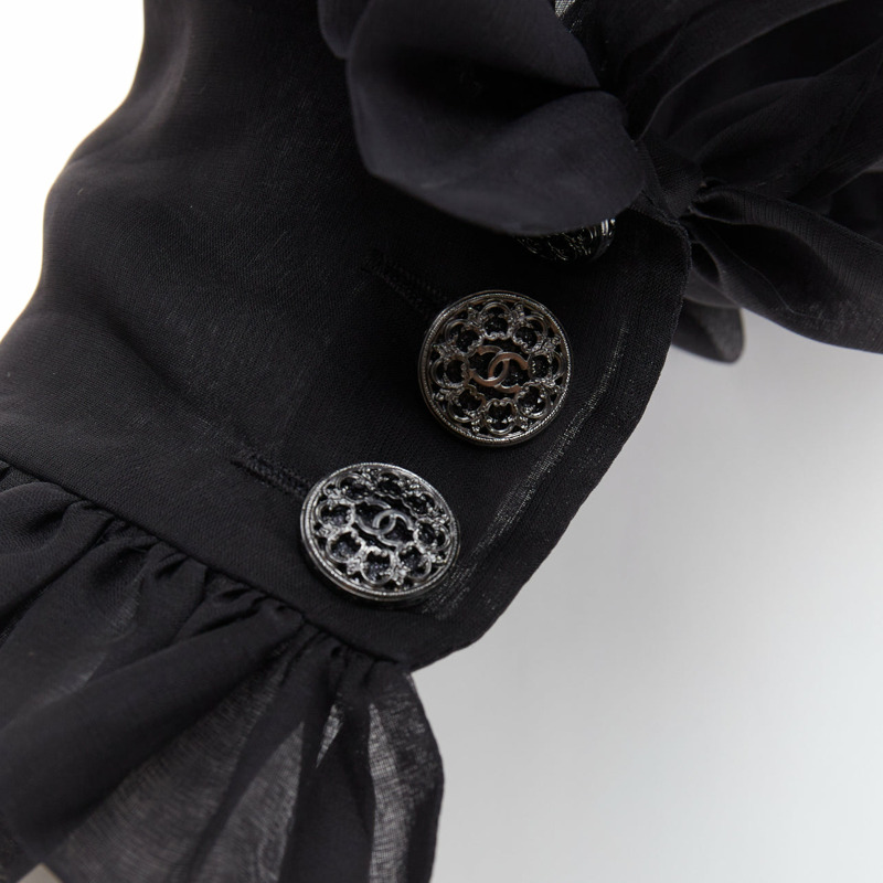 rare CHANEL black sheer silk Victorian ruffle collar zip up bomber jacket-9