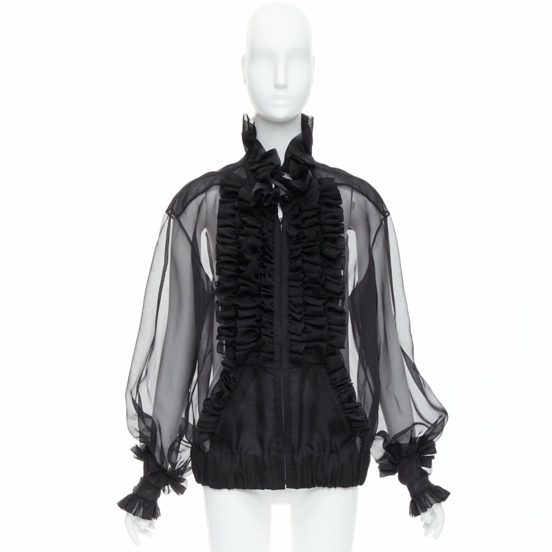 rare CHANEL black sheer silk Victorian ruffle collar zip up bomber jacket-12