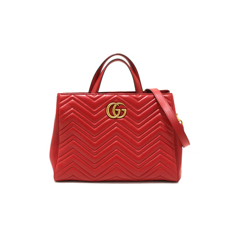 Gucci Red Hibiscus Red Calfskin Matelasse GG Marmont Medium Top Handle Shoulder Bag