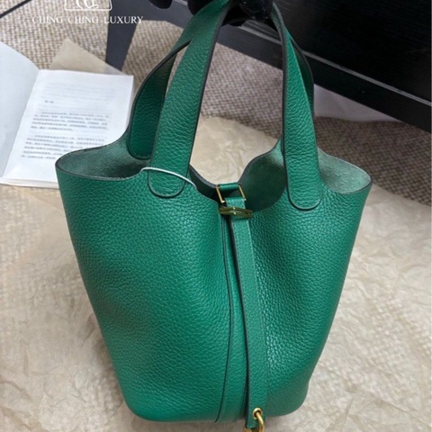 🌈Hermes🌟Picotin 18💚絲絨綠金扣💚99新🌟TC皮🌟菜籃子🌟