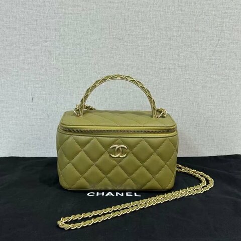 CHANEL 綠金金絲手柄手提斜背化妝盒子 16*10*8 全新閒置配件塵袋