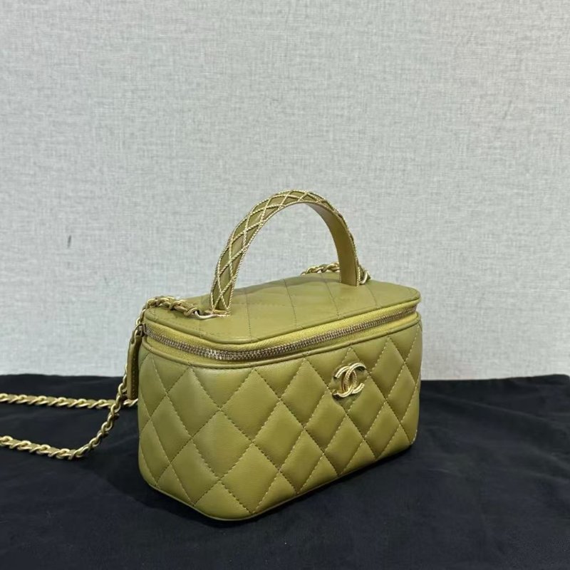 CHANEL 綠金金絲手柄手提斜背化妝盒子 16*10*8 全新閒置配件塵袋-1
