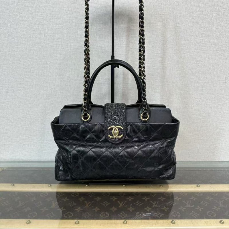 CHANEL 黑金牛皮珍珠魚皮手提托特包 31*15*10 98新配件塵袋-0