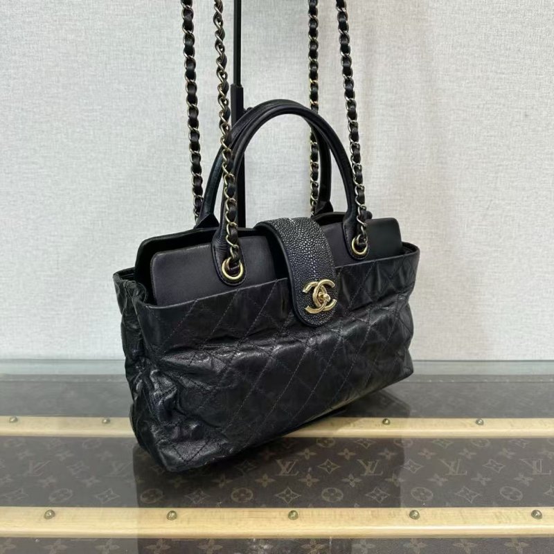 CHANEL 黑金牛皮珍珠魚皮手提托特包 31*15*10 98新配件塵袋-1