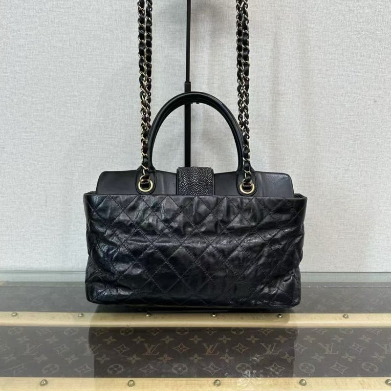 CHANEL 黑金牛皮珍珠魚皮手提托特包 31*15*10 98新配件塵袋-5