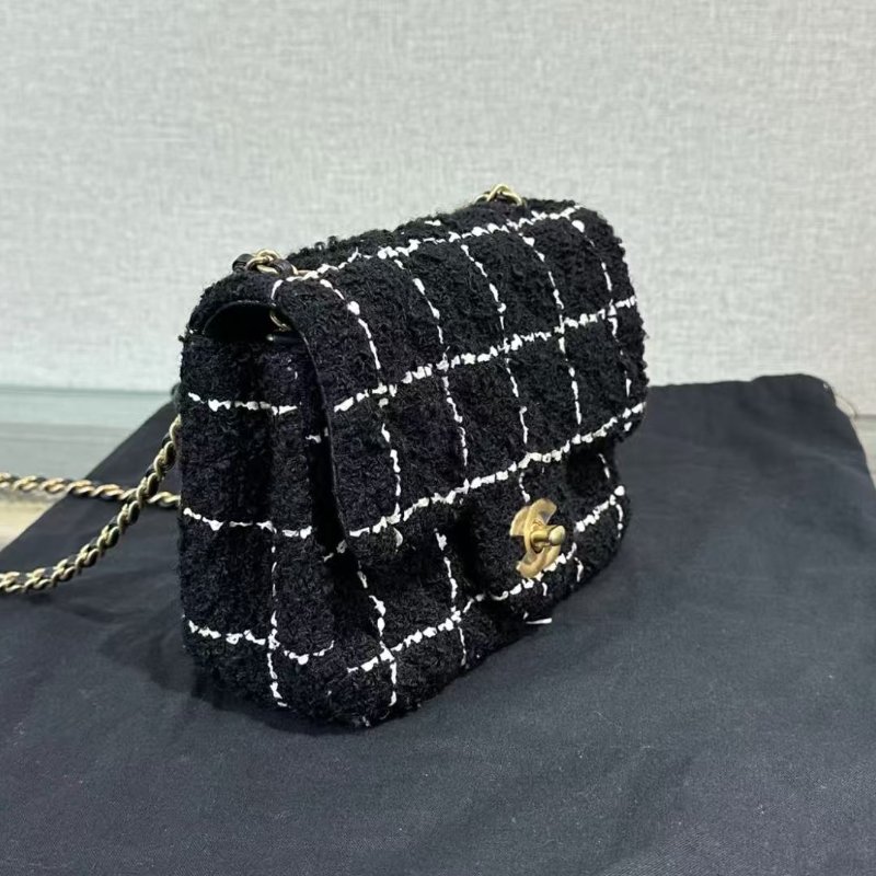 CHANEL 黑白毛呢金球方胖子肩背斜背包 17*13*7 98新 配件塵袋-0