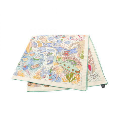 HERMES Carre140 SPLASH PARK 圍巾 絲綢 羊絨 米色 綠色 二手 女士