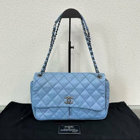 CHANEL 藍銀外縫隙季節款肩背斜背鏈條包 30*18*7 98新 配件塵袋保卡