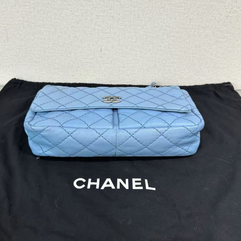 CHANEL 藍銀外縫隙季節款肩背斜背鏈條包 30*18*7 98新配件塵袋保卡-3