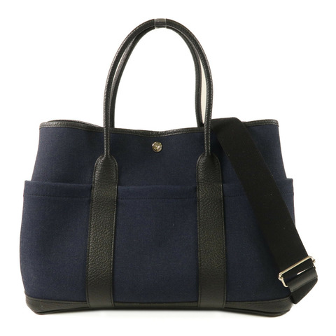 HERMES 帆布Garden Party Pocket PM銀扣手挽肩背兩用袋Bleu Nuit