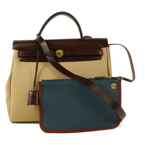 HERMES 帆布Herbag PM金扣手挽肩背兩用袋Trench/Bleu Tempete/Rouge Sellier