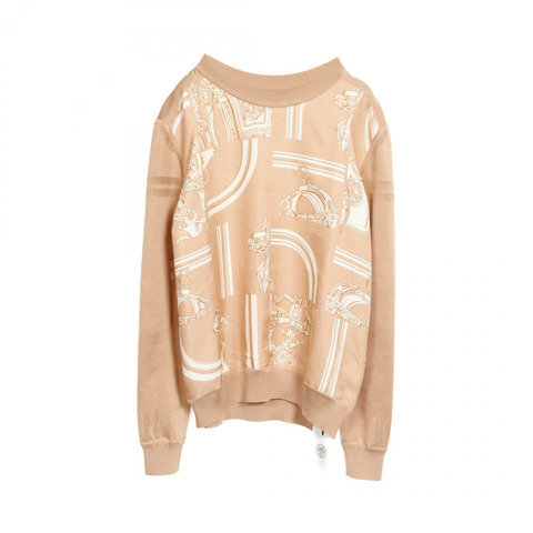 HERMES In Desordre Finesse Twillaine 毛衣絲綢棕色米色二手女款 38 碼