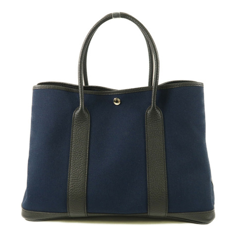 HERMES 帆布Garden Party PM銀扣手挽袋Bleu Indigo