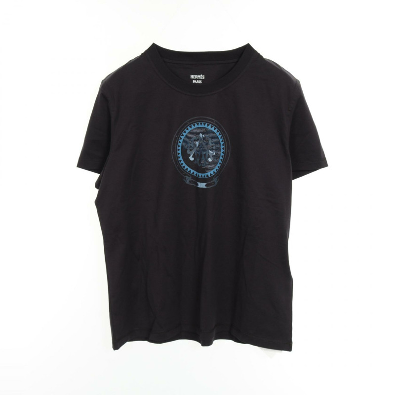 HERMES Cartouche Colors de Jour 藍黑色 T 卹上衣棉質二手女款 #40-0